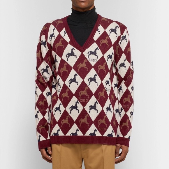 AUTHENTIC Gucci Horse Tile Wool V-Neck Logo Sweater - Picture 2 of 10